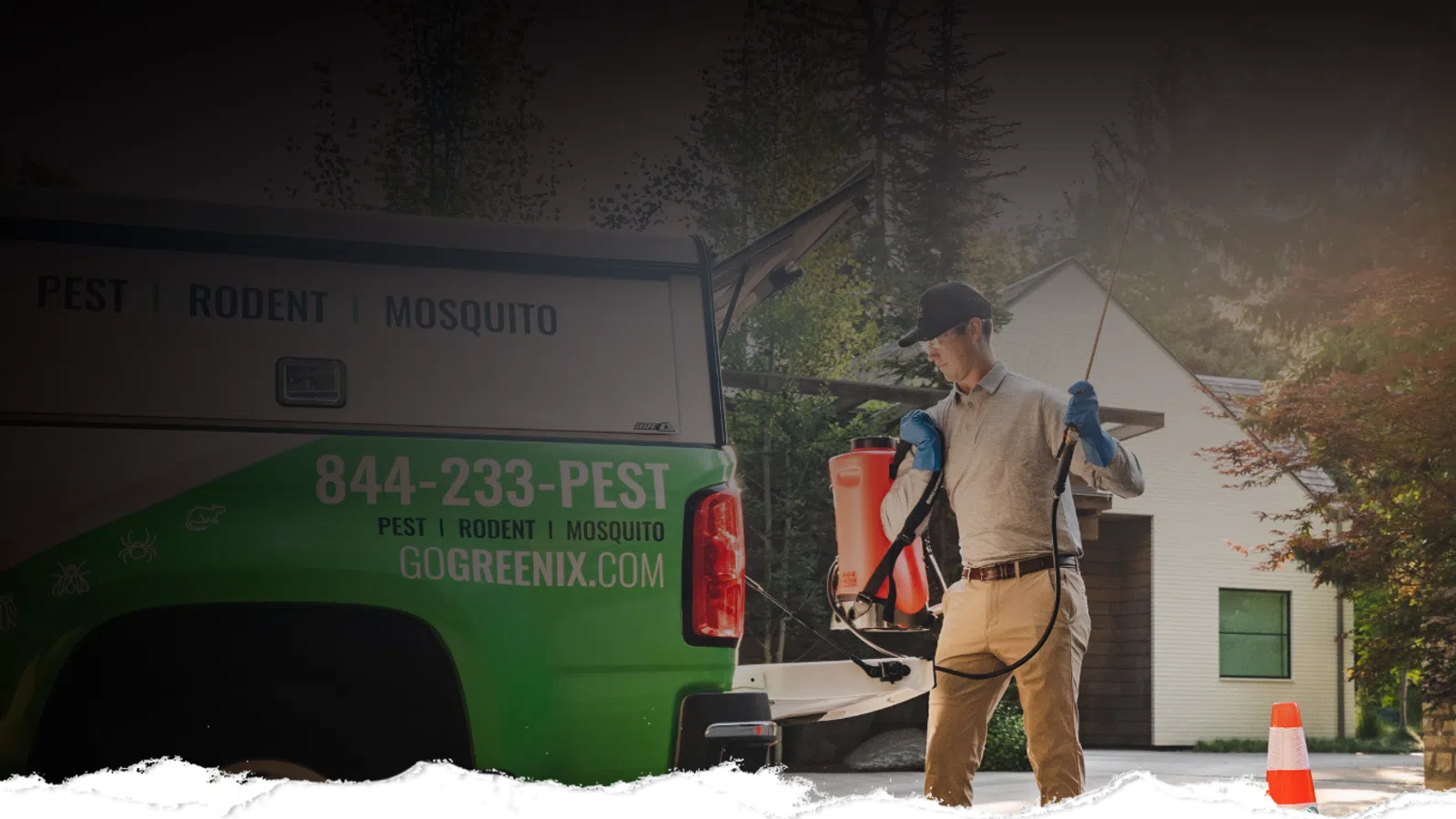 Pest control worker with sprayer loading equipment into green van with overlaid text showing contact details on transparent background