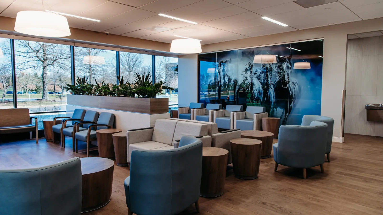 a room with chairs and tables