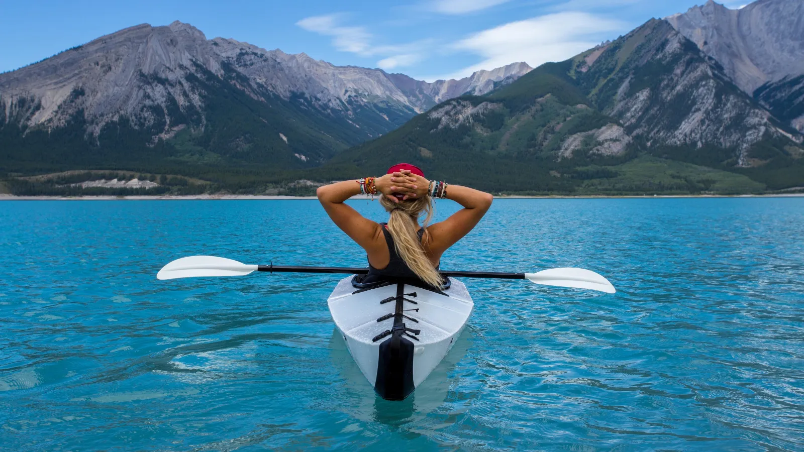 a woman in a canoe