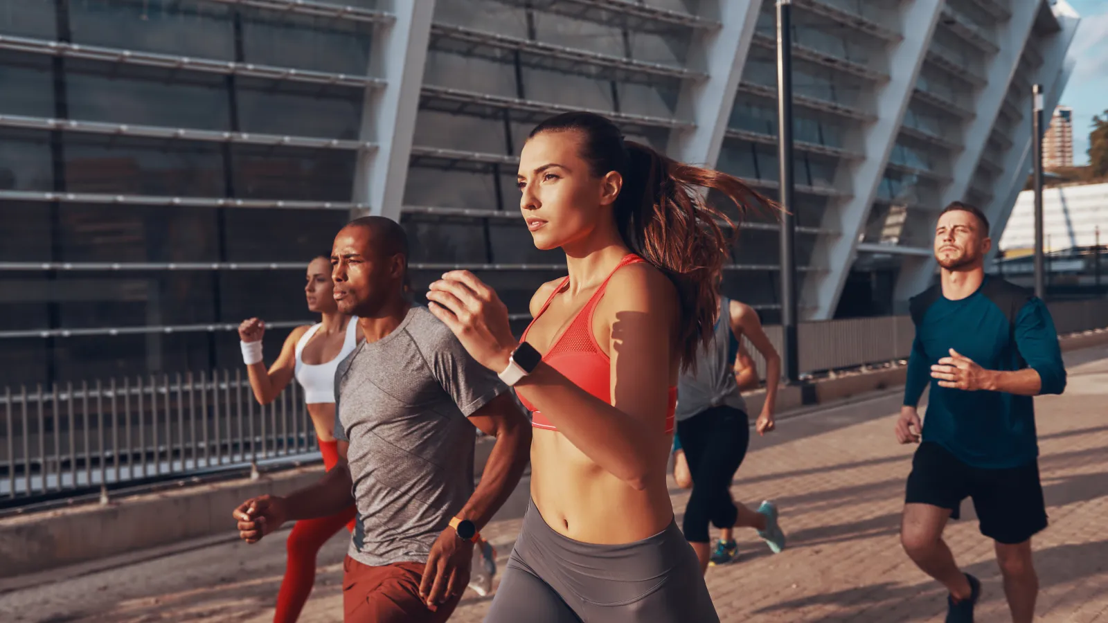 a group of people running
