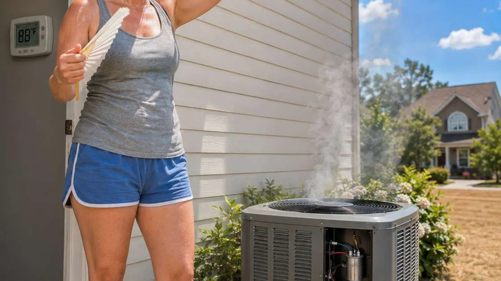 Woman fanning herself outside near a malfunctioning air conditioner steaming on a hot day