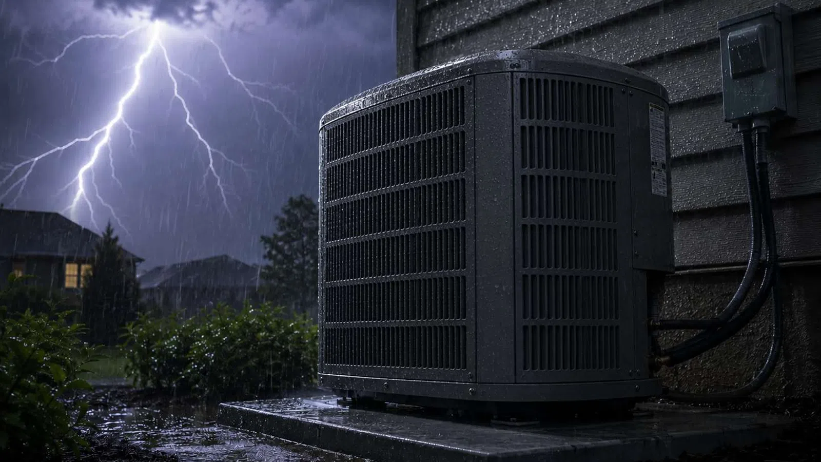 Outdoor air conditioning unit beside house during nighttime thunderstorm with visible lightning and heavy rain.