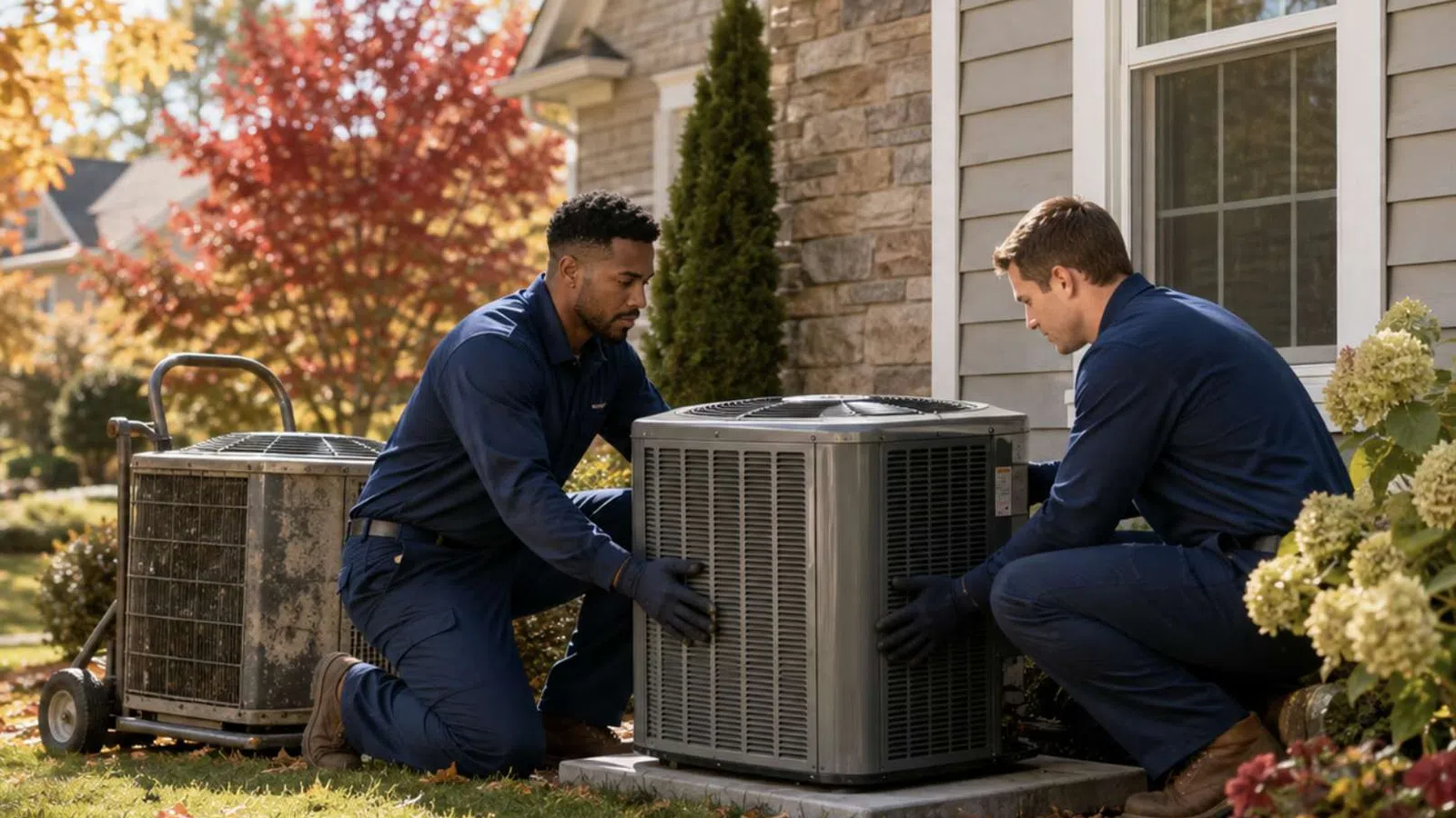 Two HVAC technicians installing or repairing an air conditioning unit outside a home during autumn.