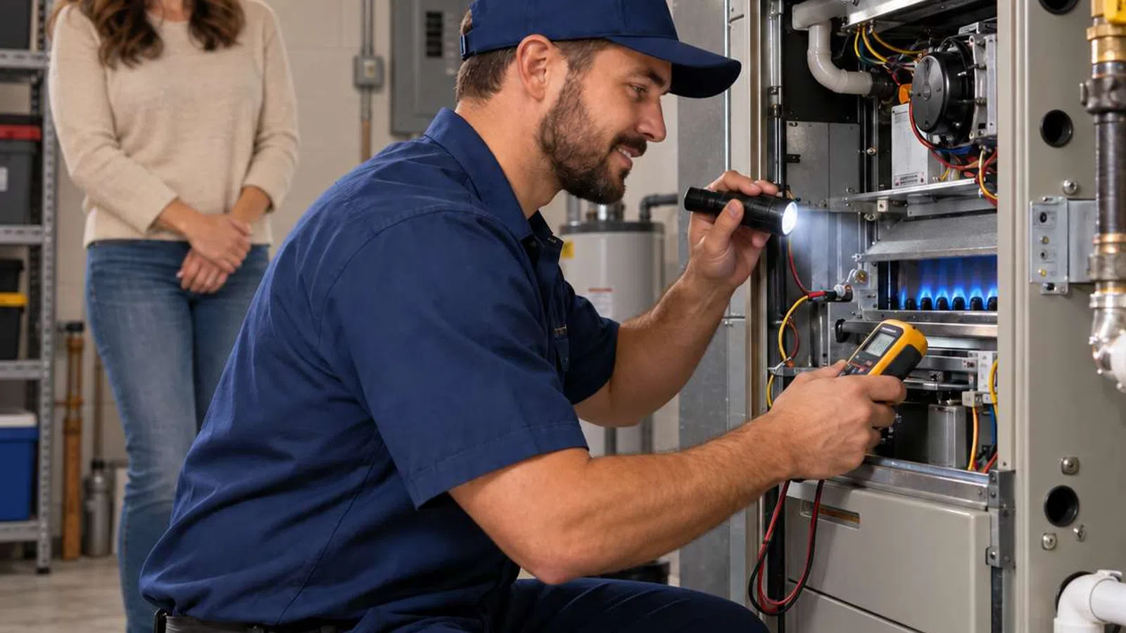 Technician in blue uniform checking a furnace with a flashlight while a woman watches in a basement