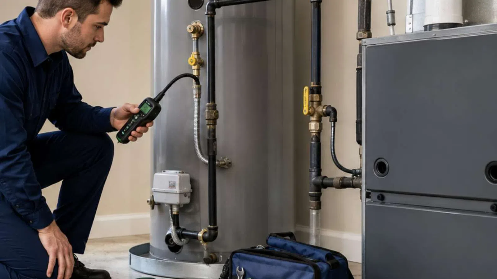 Technician inspecting a water heater with diagnostic tools and a tool bag nearby in a utility room.