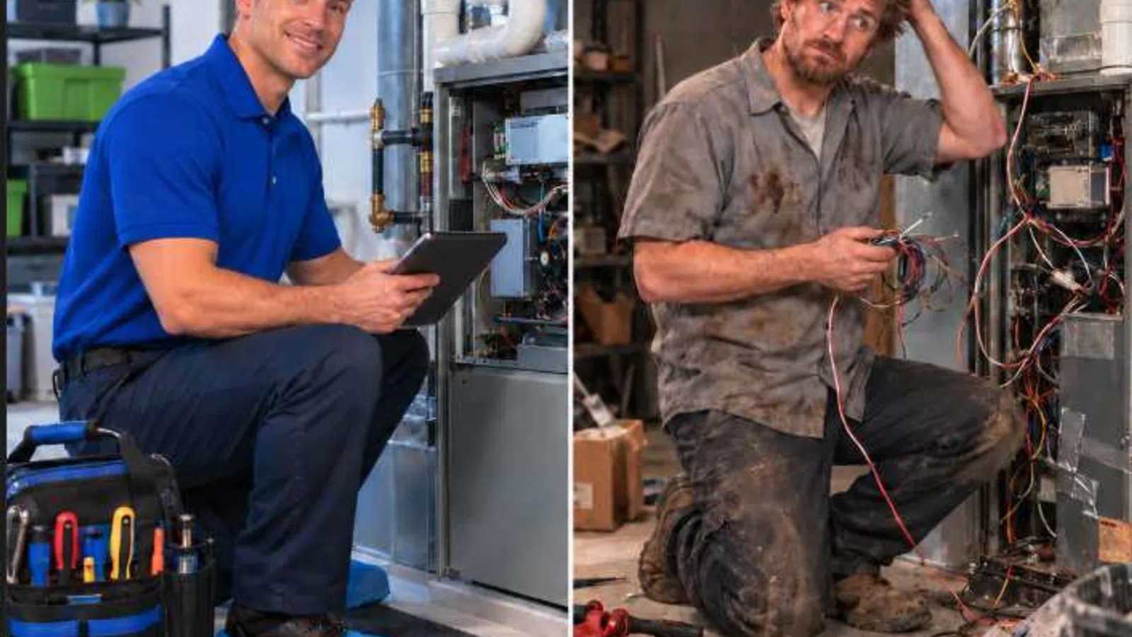 Side-by-side image of a clean professional technician smiling and a dirty mechanic struggling with furnace repair.