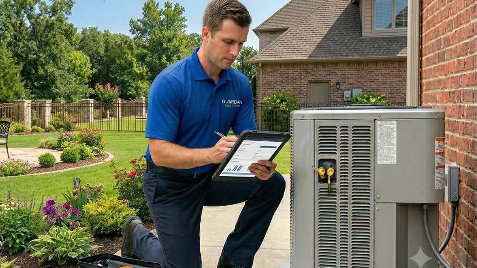 Technician in blue uniform inspecting and taking notes on outdoor HVAC unit beside a brick house on a sunny day.