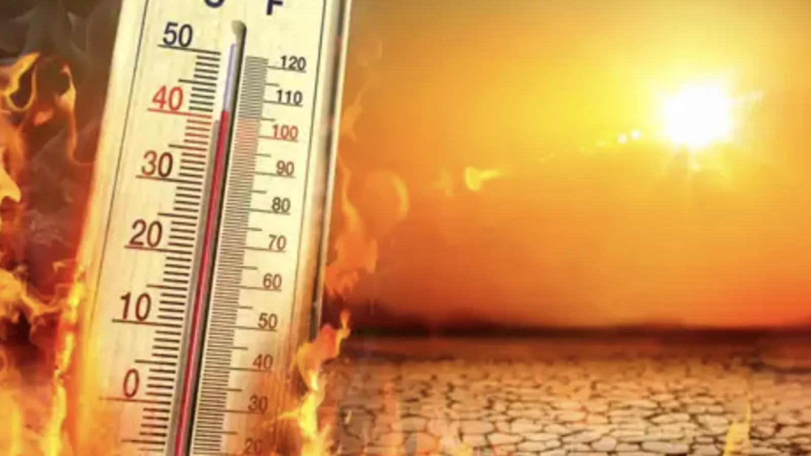 Thermometer showing high temperatures with flames and a hot sun over dry cracked earth depicting heat and drought.