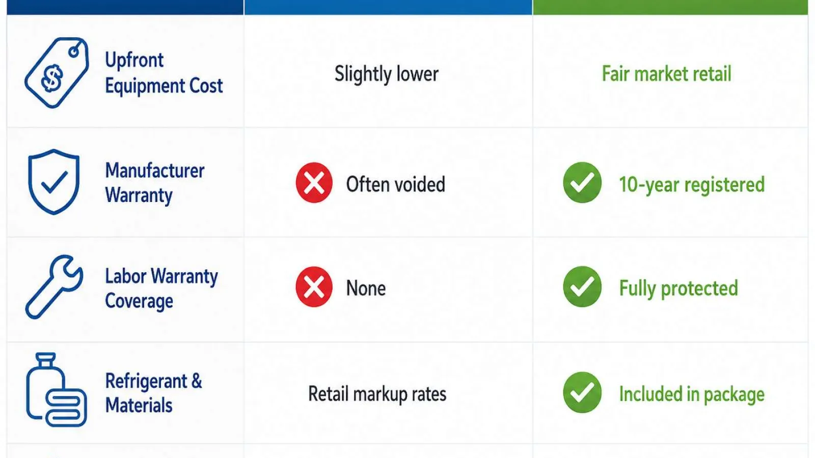 Comparison chart of buying HVAC equipment online versus Guardian Home Experts, highlighting warranty and cost benefits.