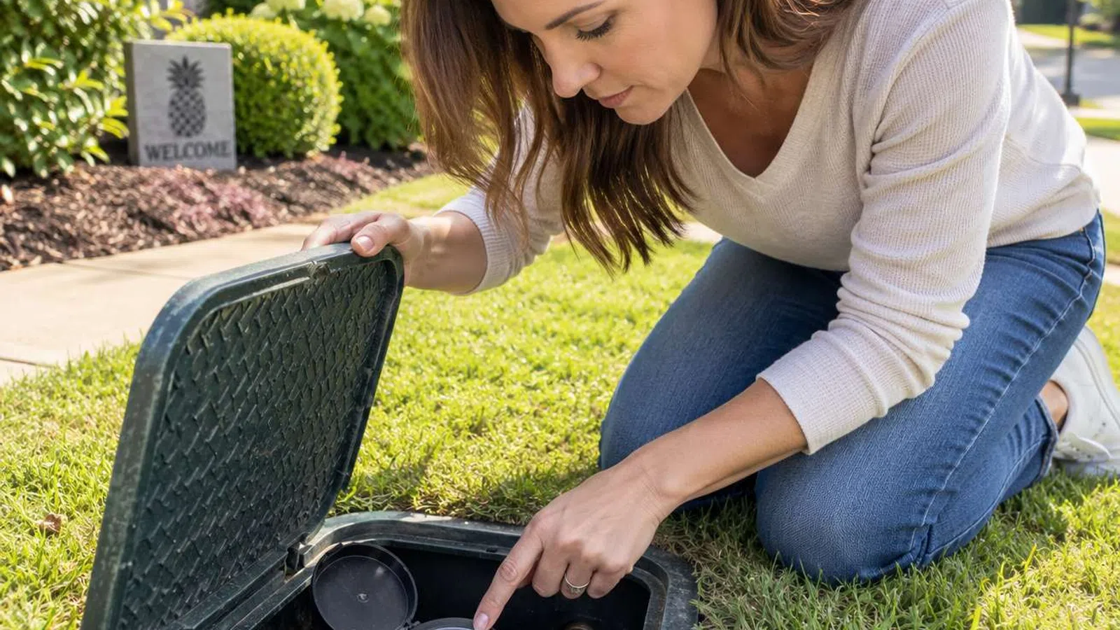 Female homeowner reading her outdoor water meter to check for a hidden water leak.