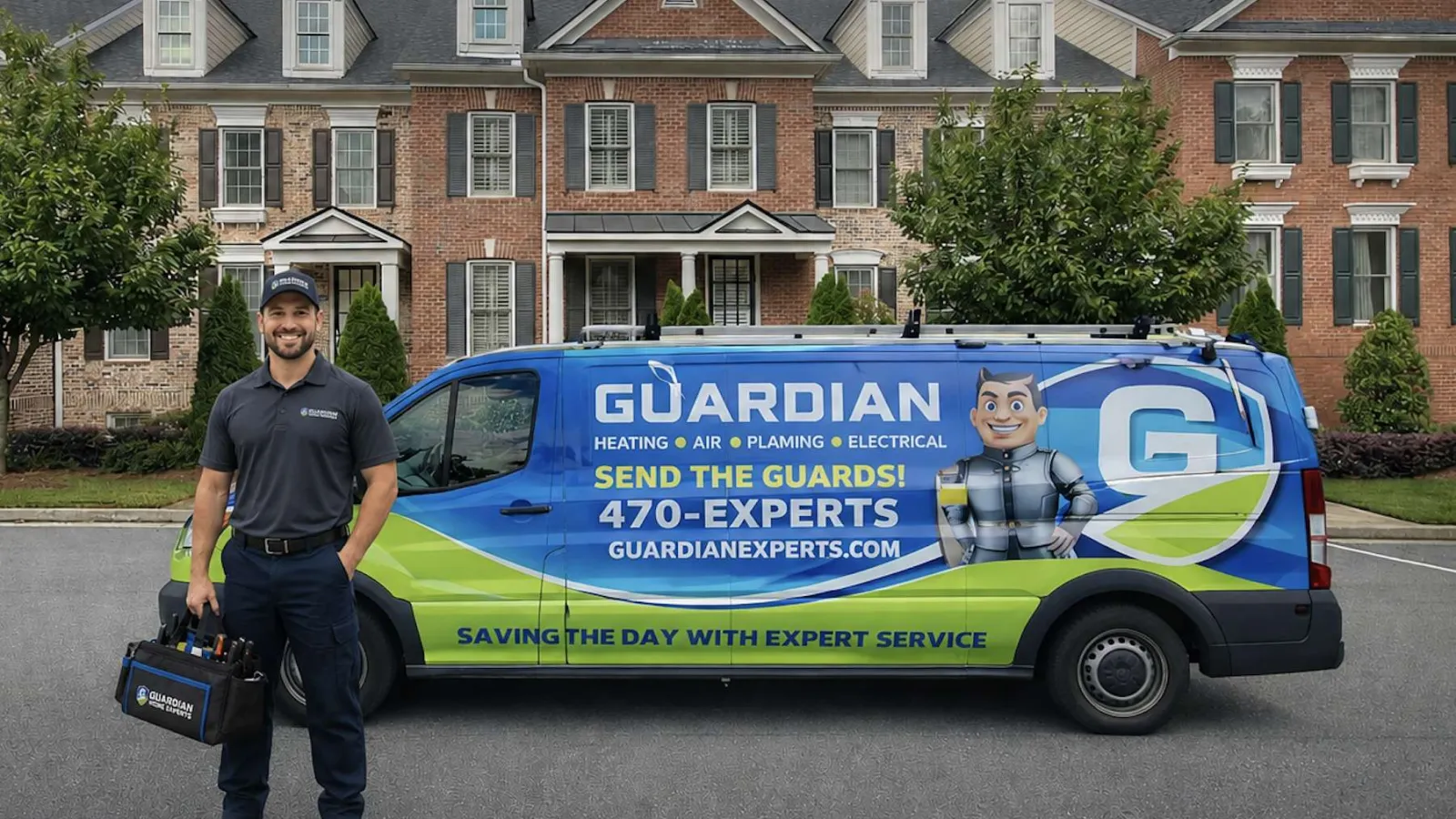 Technician standing next to a blue Guardian service van with heating, air, plumbing, and electrical branding.