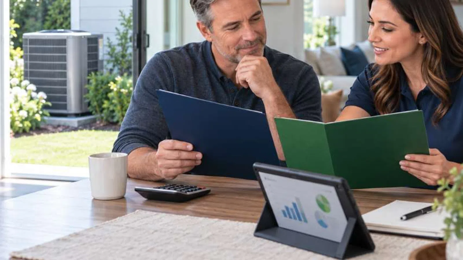 Couple reviewing financial documents at home with tablet displaying charts and outdoor air conditioning unit visible.