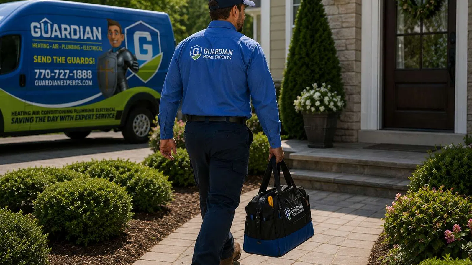 Technician walking to home with tool bag, Guardian Home Experts van parked nearby for heating and plumbing services.