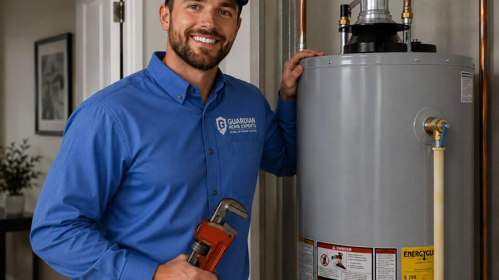 Smiling plumber in blue uniform holding a wrench next to a water heater with visible copper pipes indoors