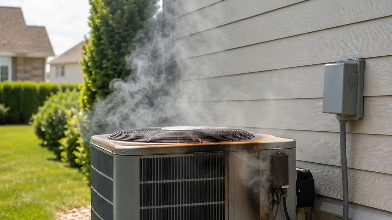 Outdoor air conditioning unit overheating and emitting smoke against house siding on a sunny day