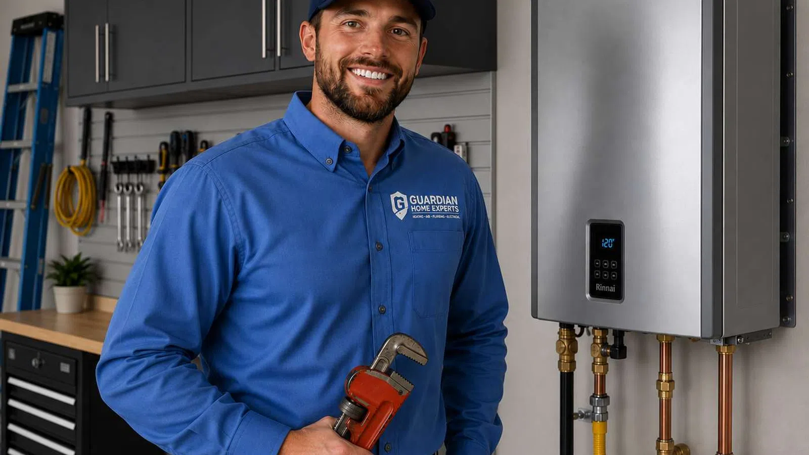Smiling technician in blue uniform holding wrench next to modern tankless water heater in home workshop.