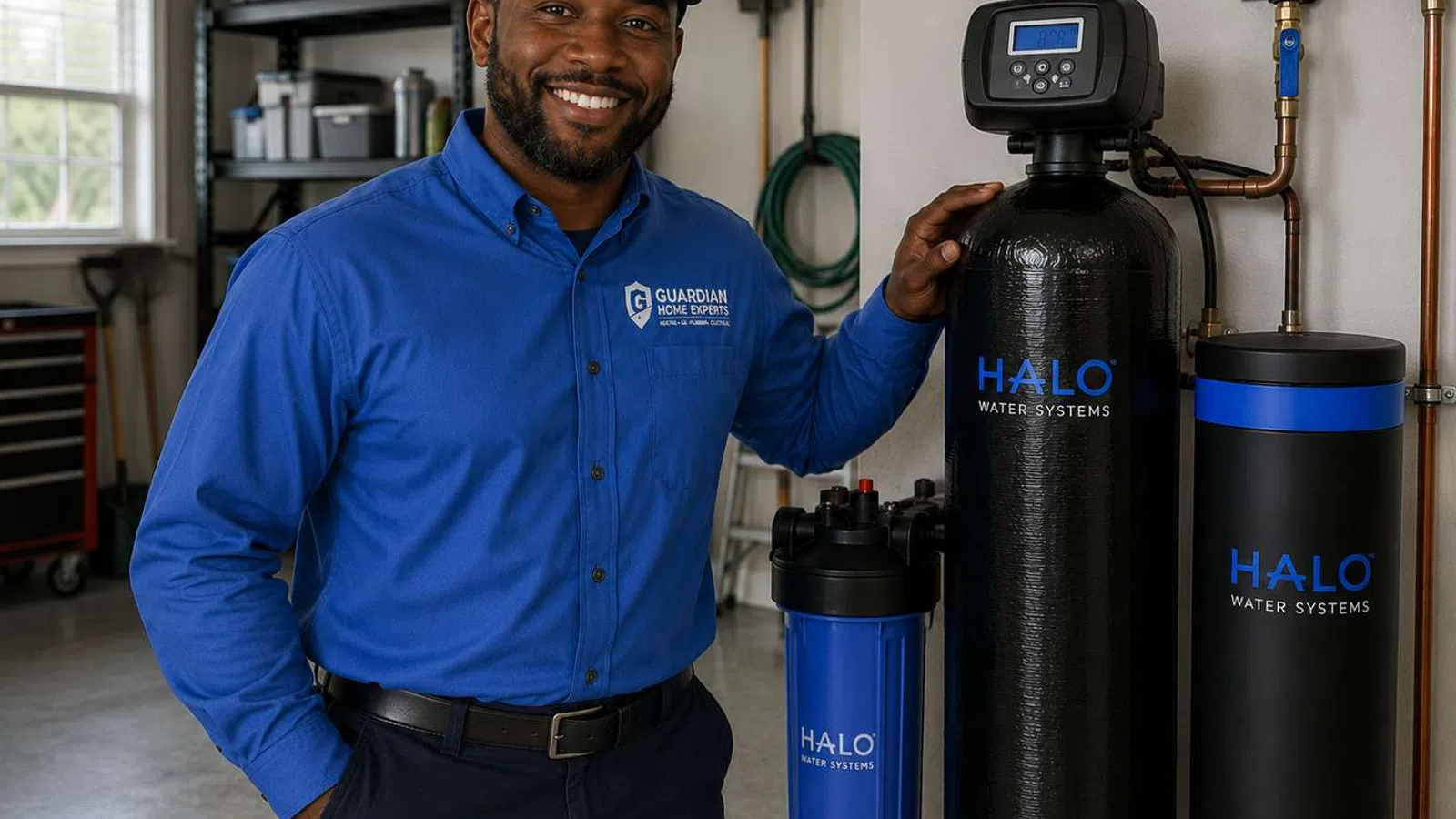 Smiling technician in blue uniform posing with HALO water filtration systems in a utility room.