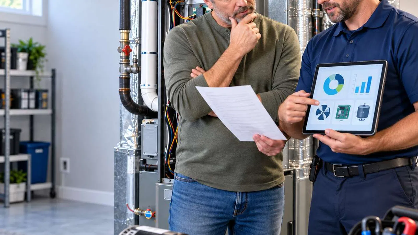 Technician explains HVAC system data to homeowner with tools and motor parts on table in modern home.