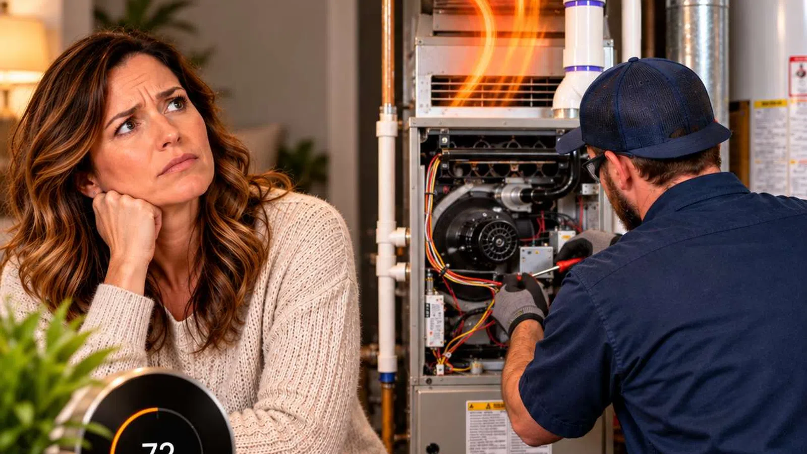 Worried woman watches technician repair furnace with glowing heat effects and thermostat showing 72 degrees.