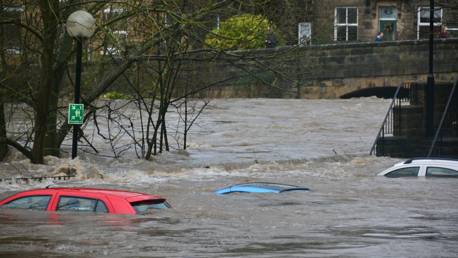 Flooded street with almost submerged red, blue, and white cars under turbulent water near a stone bridge and trees.