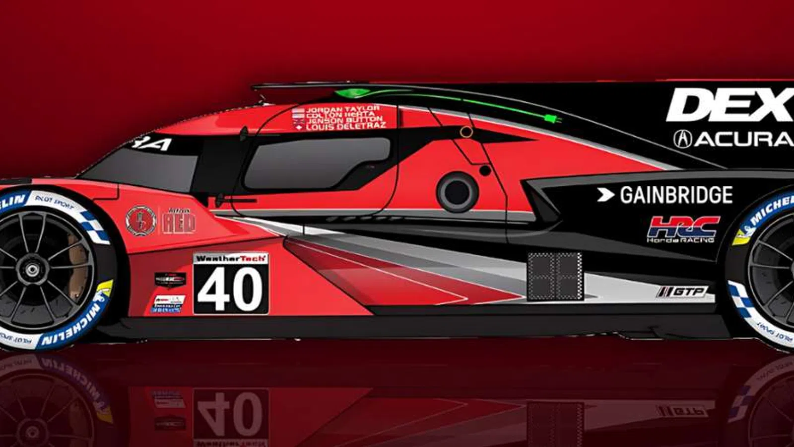 Side view of a black and red Acura DEX Imaging number 40 race car on dark red background.