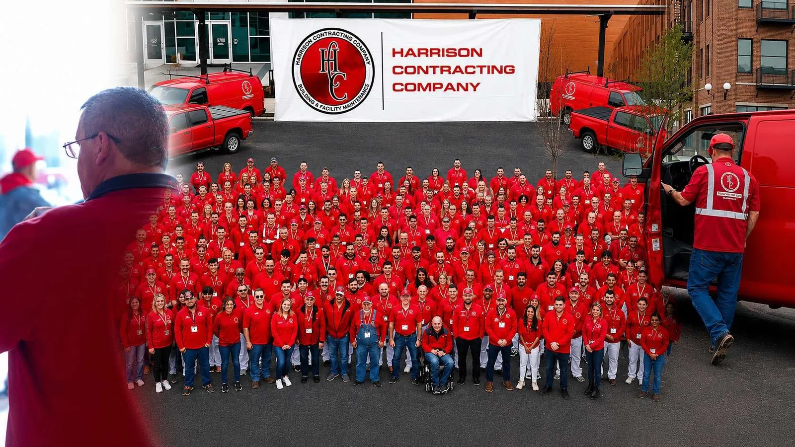 Large group of Harrison Contracting Company employees in red shirts standing outdoors with company vans and banner