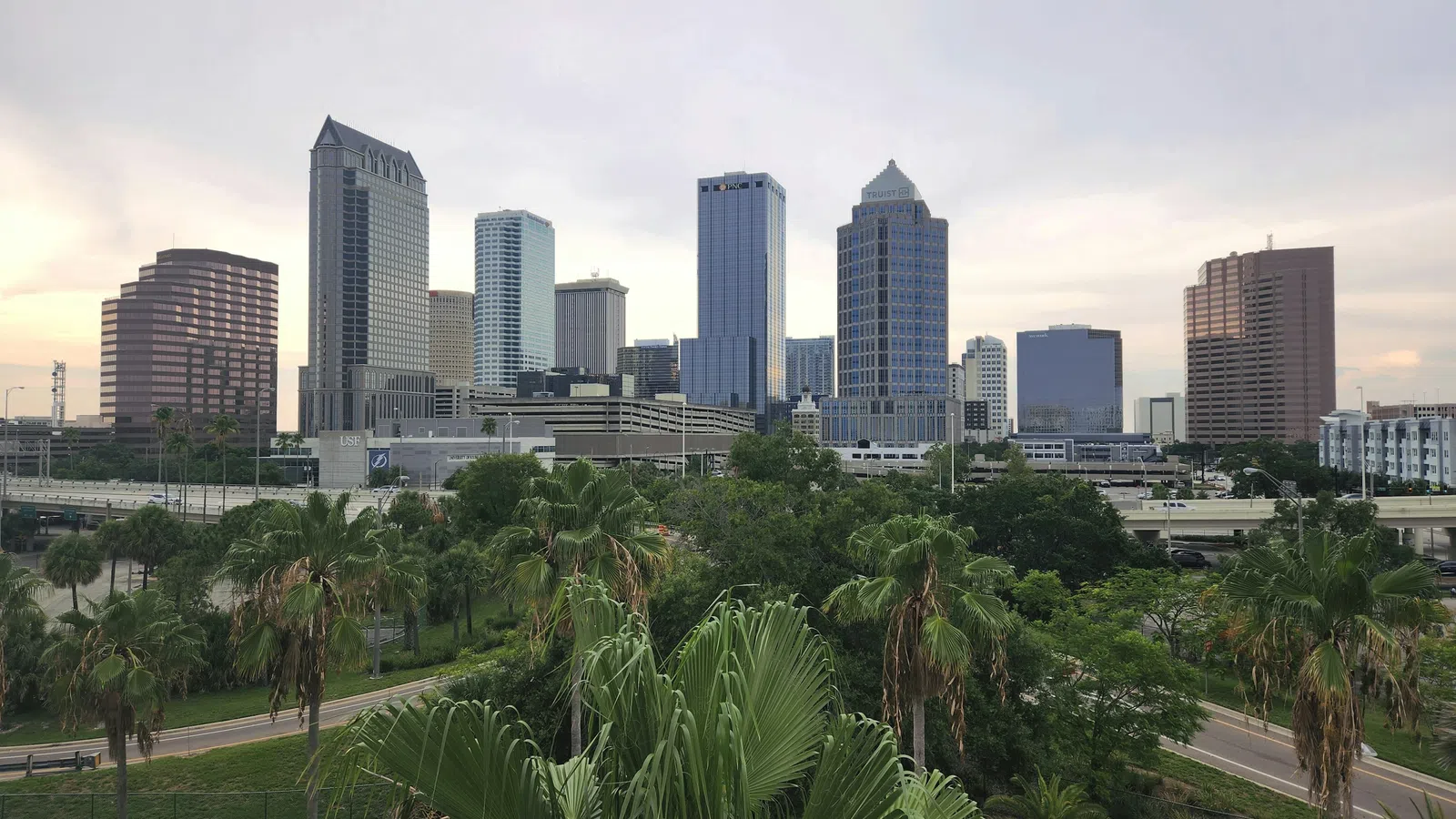 Tampa Florida city skyline with modern buildings and green palm trees under a cloudy sky at dusk