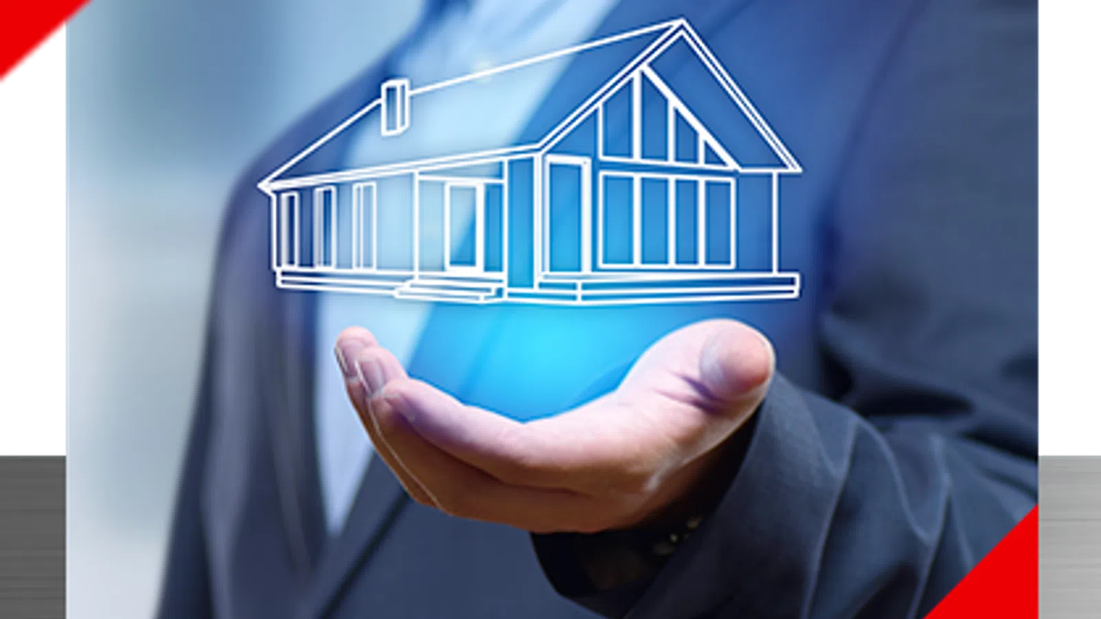Businessman holding a glowing digital house model symbolizing real estate investment and property management.