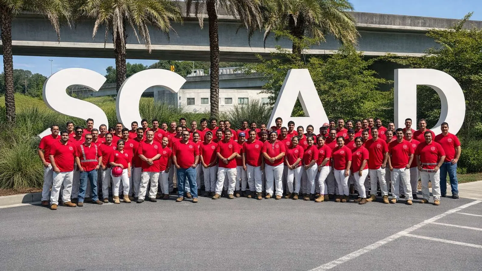 Large group of people in red shirts and white pants standing in front of large SCAD letters outdoors.