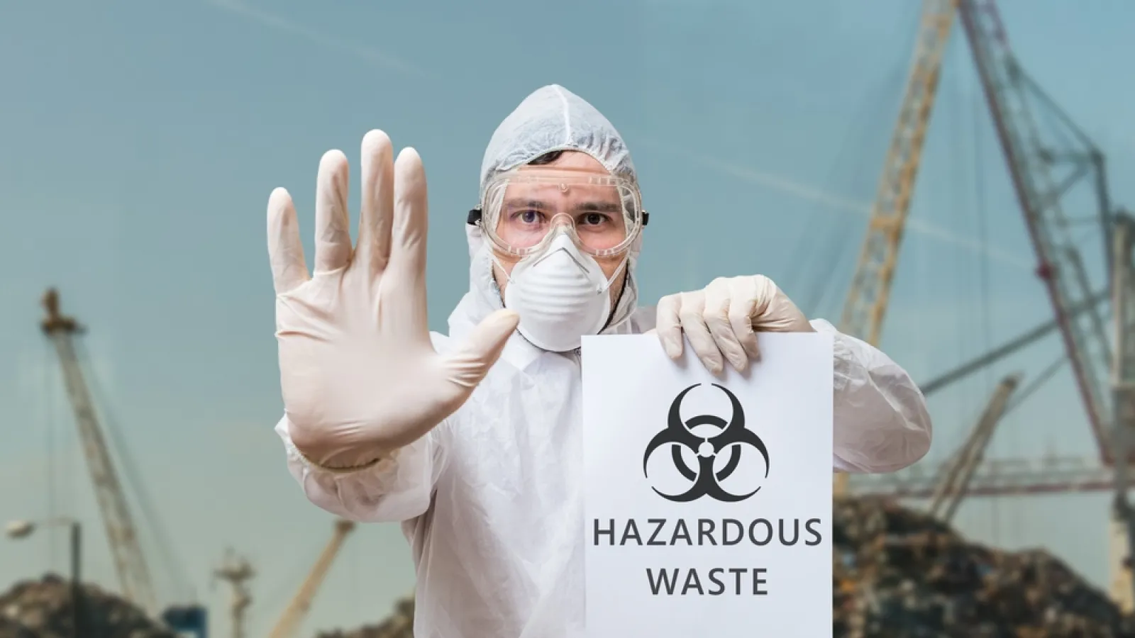 a person wearing a mask and holding a sign posing for the camera
