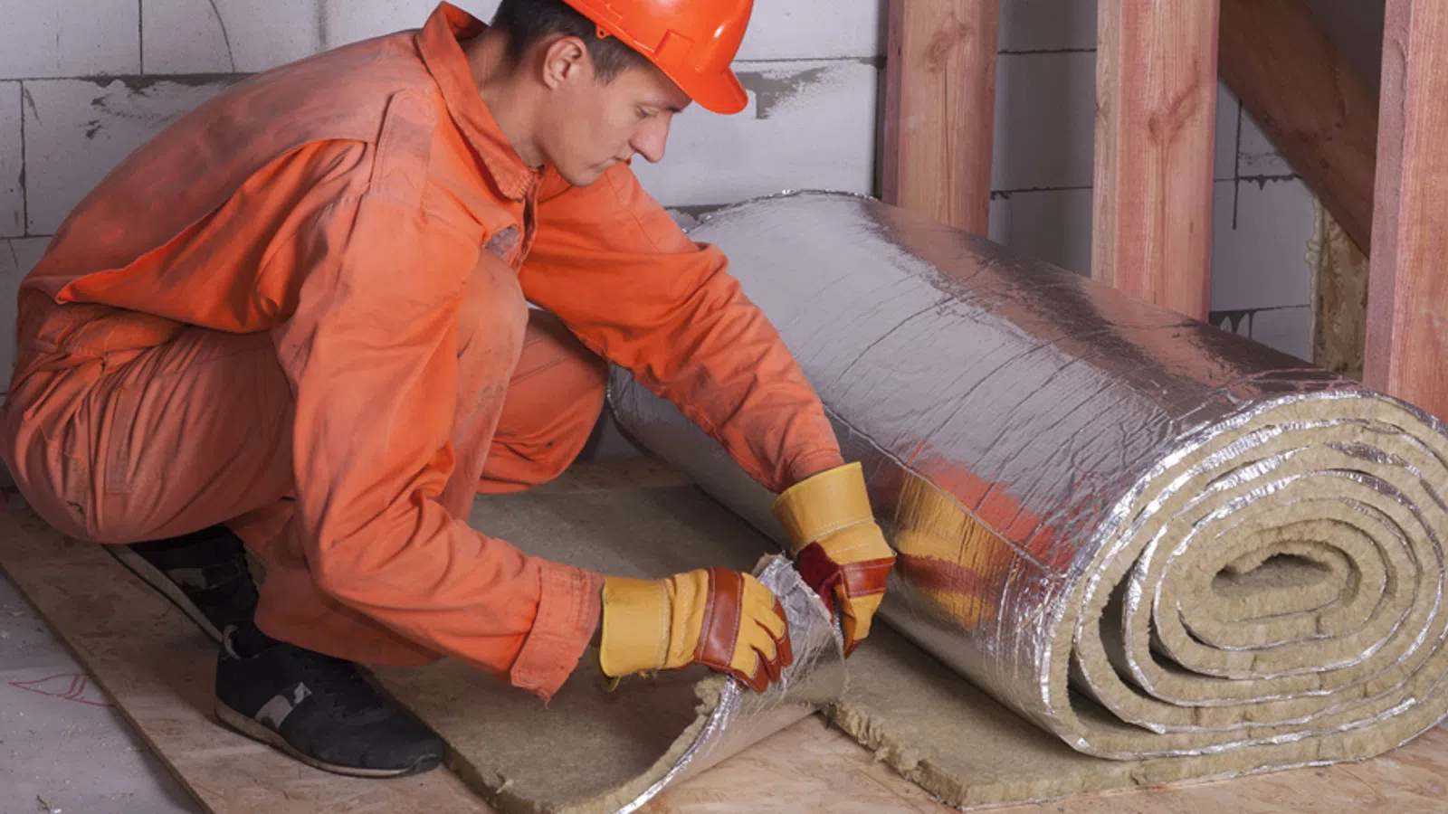a person in orange protective gear fixing a car tire