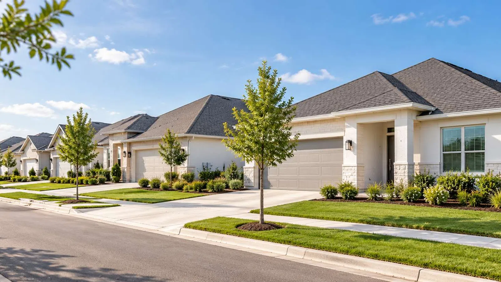 New suburban neighborhood street with modern single-story homes, green lawns, and young trees under a blue sky.
