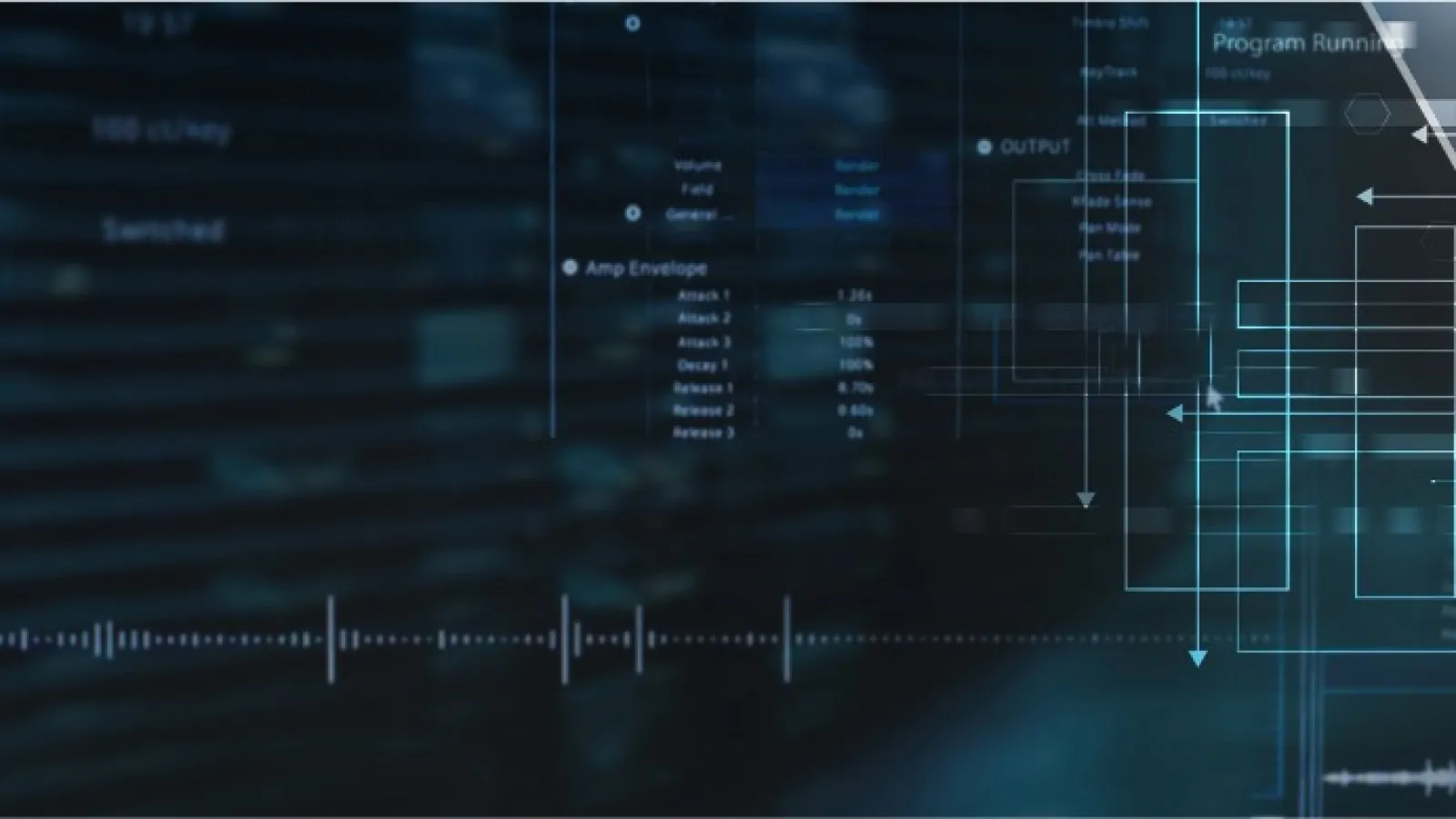Dark blue interface with data graphs, waveform, and digital programming elements glowing in light blue tones.