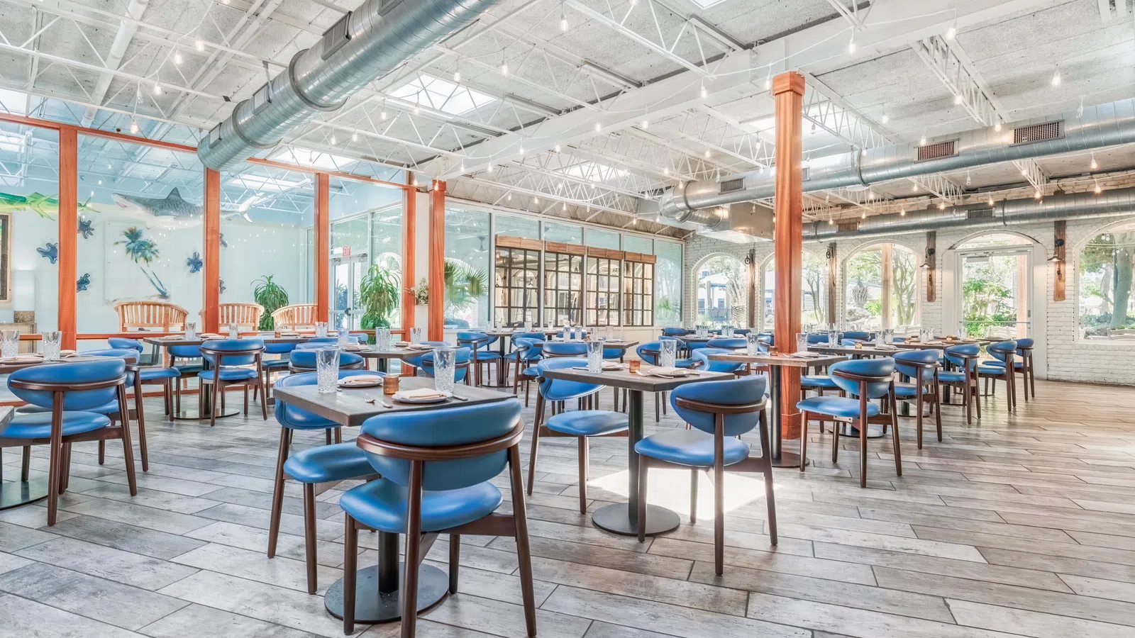 Bright modern restaurant interior with blue chairs, wooden tables, large windows, and white exposed ceiling.