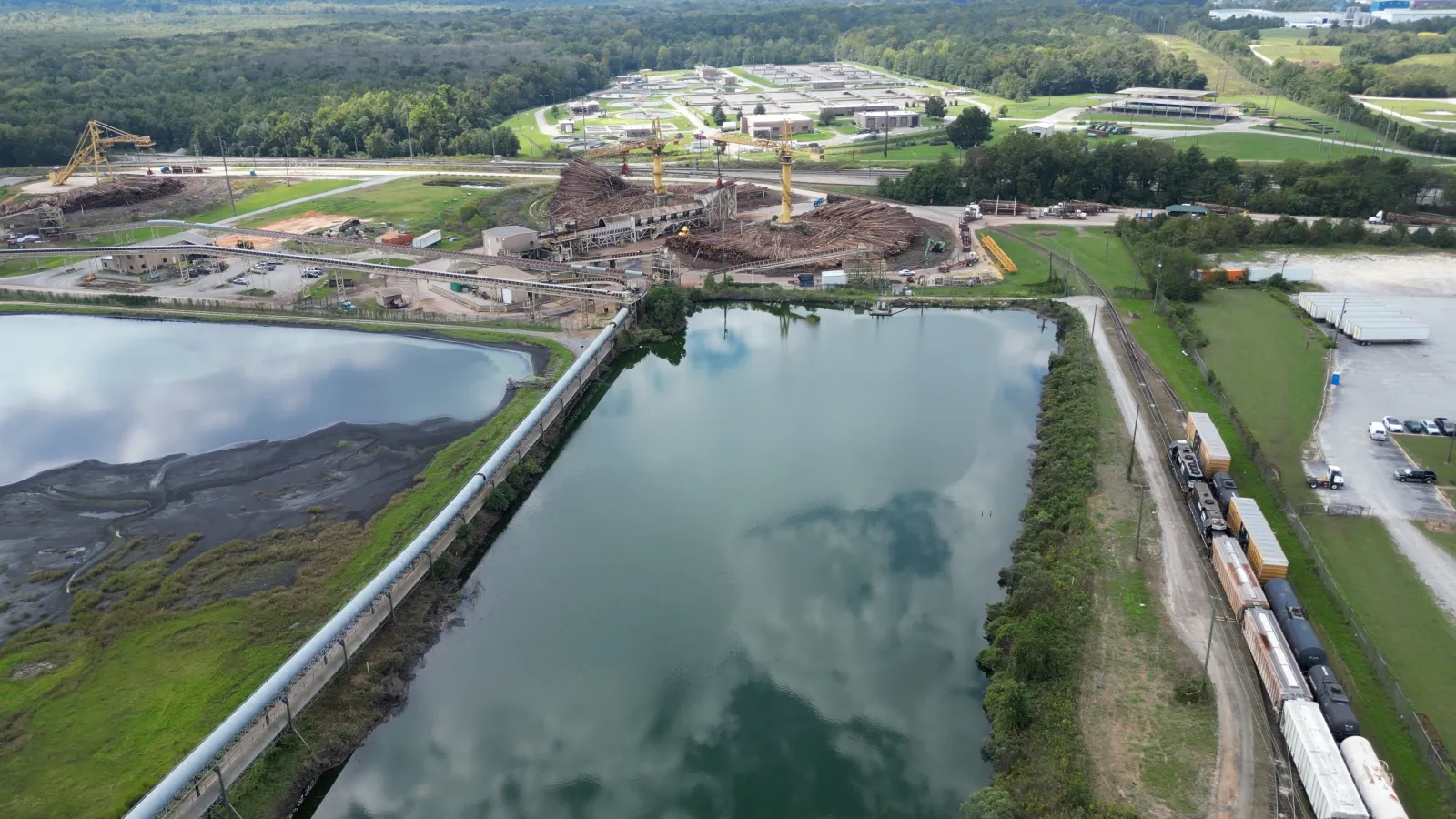 a river with a train on it