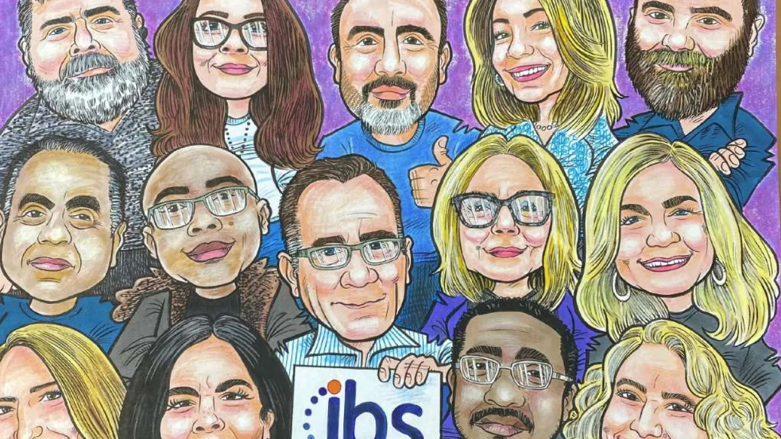 Colorful caricature of a diverse group of people holding an IBS sign with a purple background.