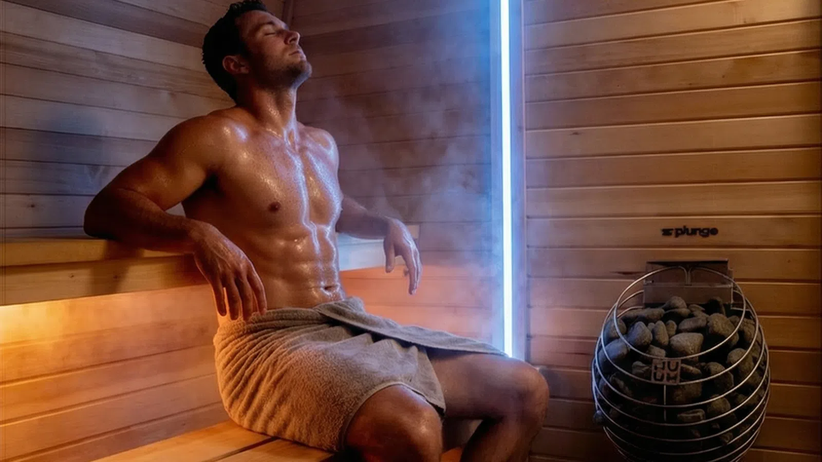 Muscular man relaxing in a wooden sauna with towel, steam, and sauna heater with stones visible