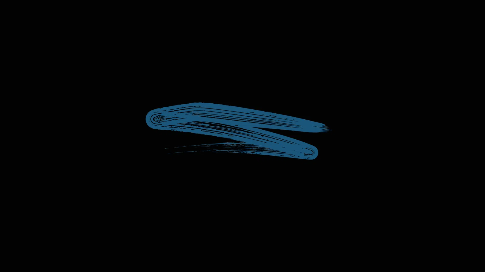 Blue brushstroke paint streak with textured edges on a solid black background.