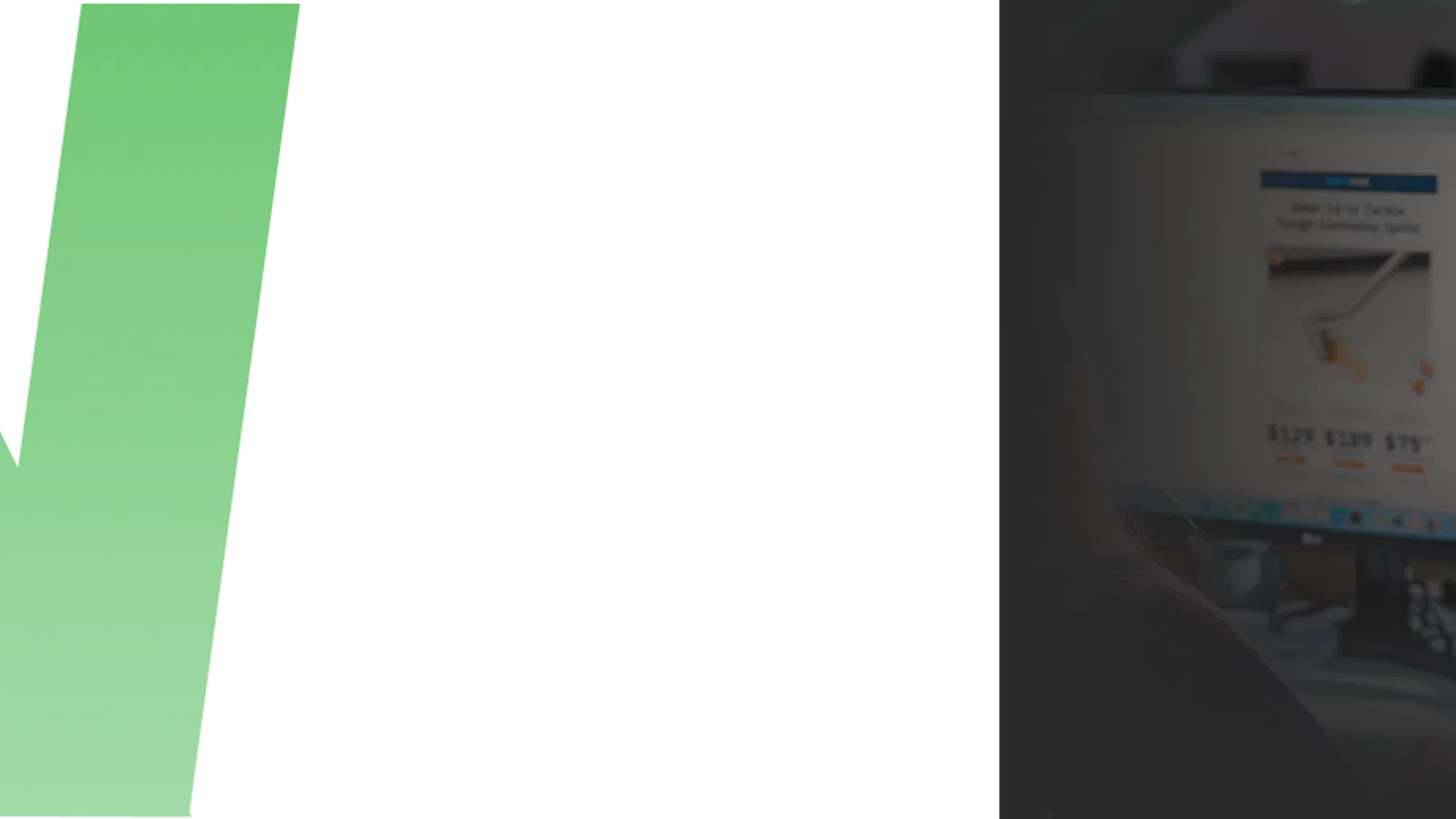 Green and black NV logo with blurred office workspace featuring computer monitors in the background