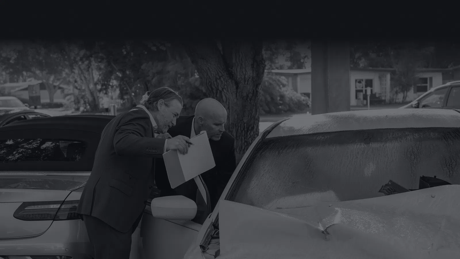 Two men inspect the front damage of a white car after a collision in a parking area with other vehicles.