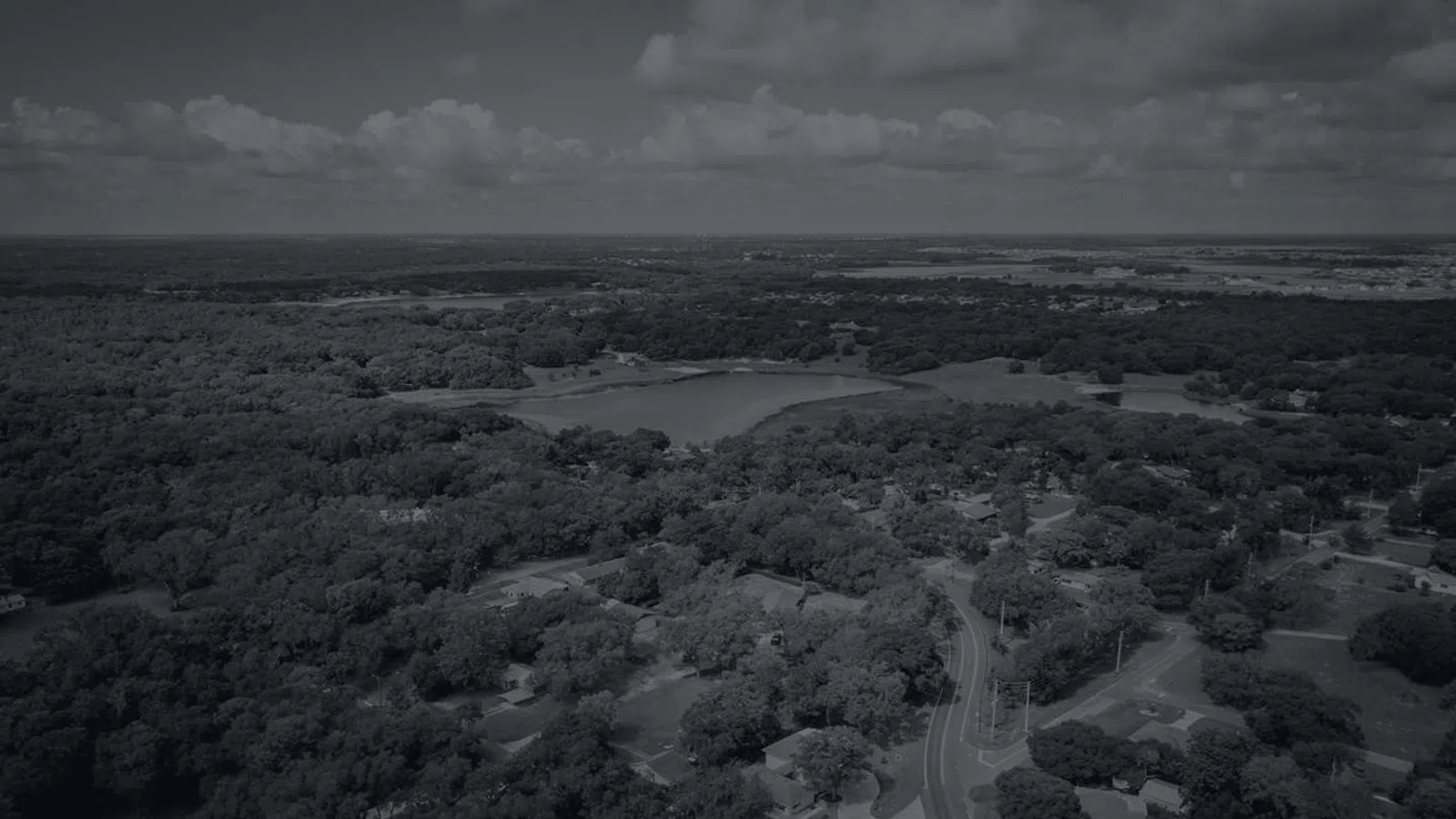Aerial view of a suburban area with dense trees, winding roads, a pond, and a cloudy sky above.