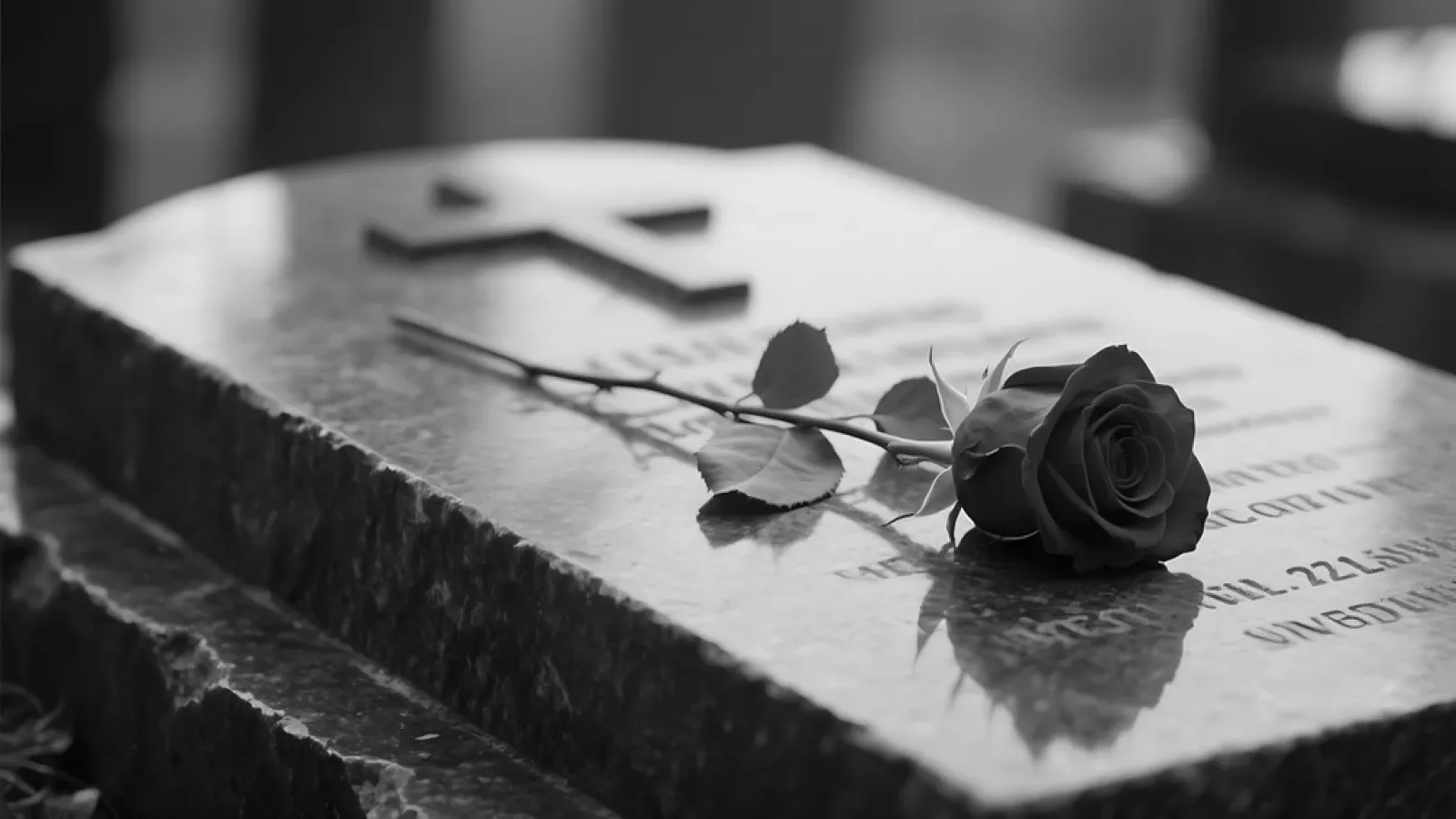 Black and white image of a rose lying on a gravestone with a cross symbol and engraved text.