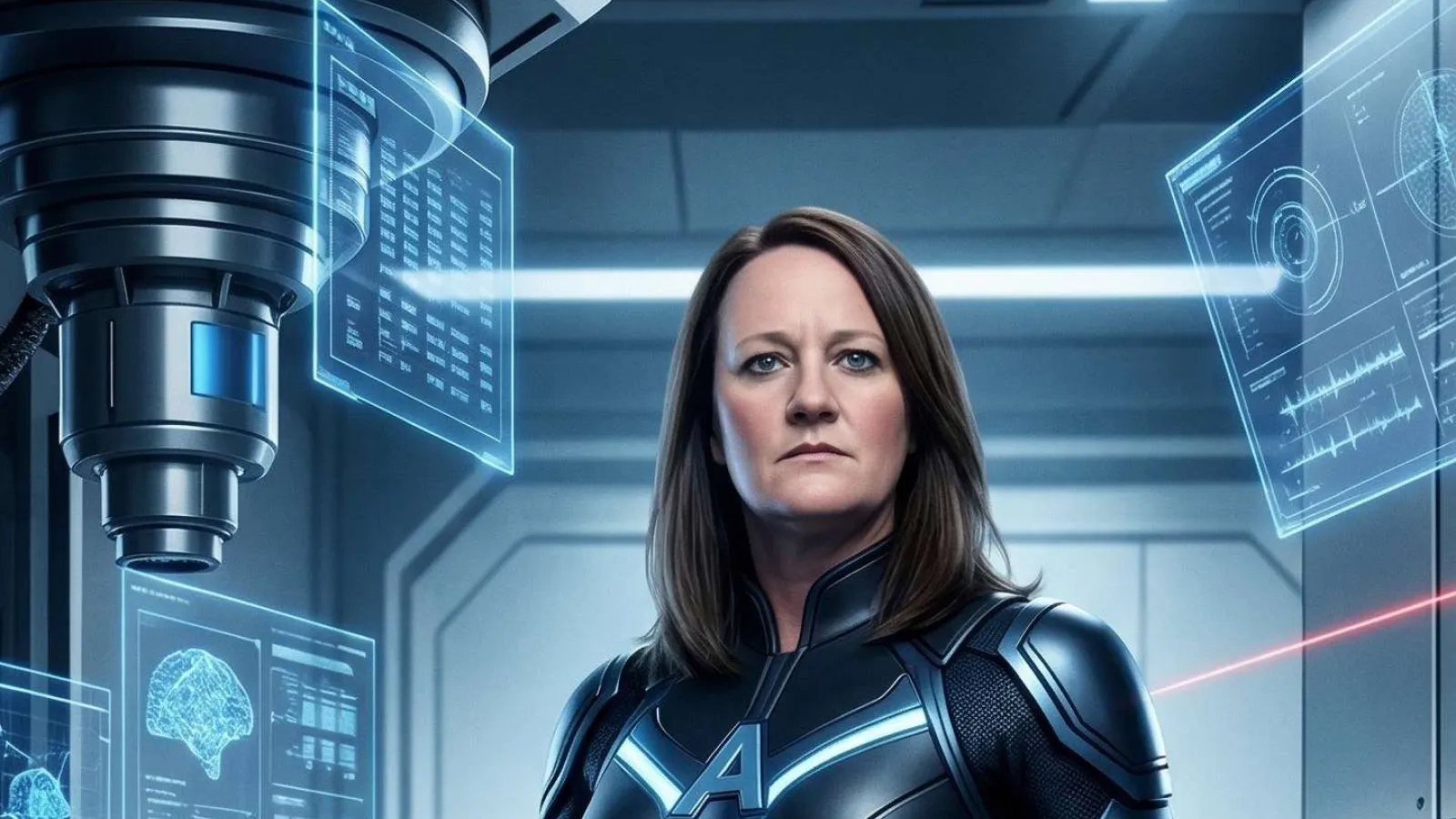 Woman in futuristic black suit with glowing blue lines interacts with holographic interfaces in high-tech lab.