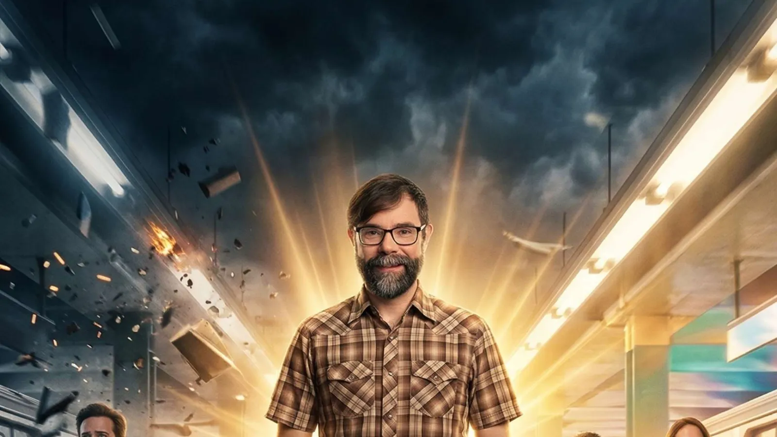 Man in plaid shirt standing confidently at train station with glowing light behind him, while others run in chaos.