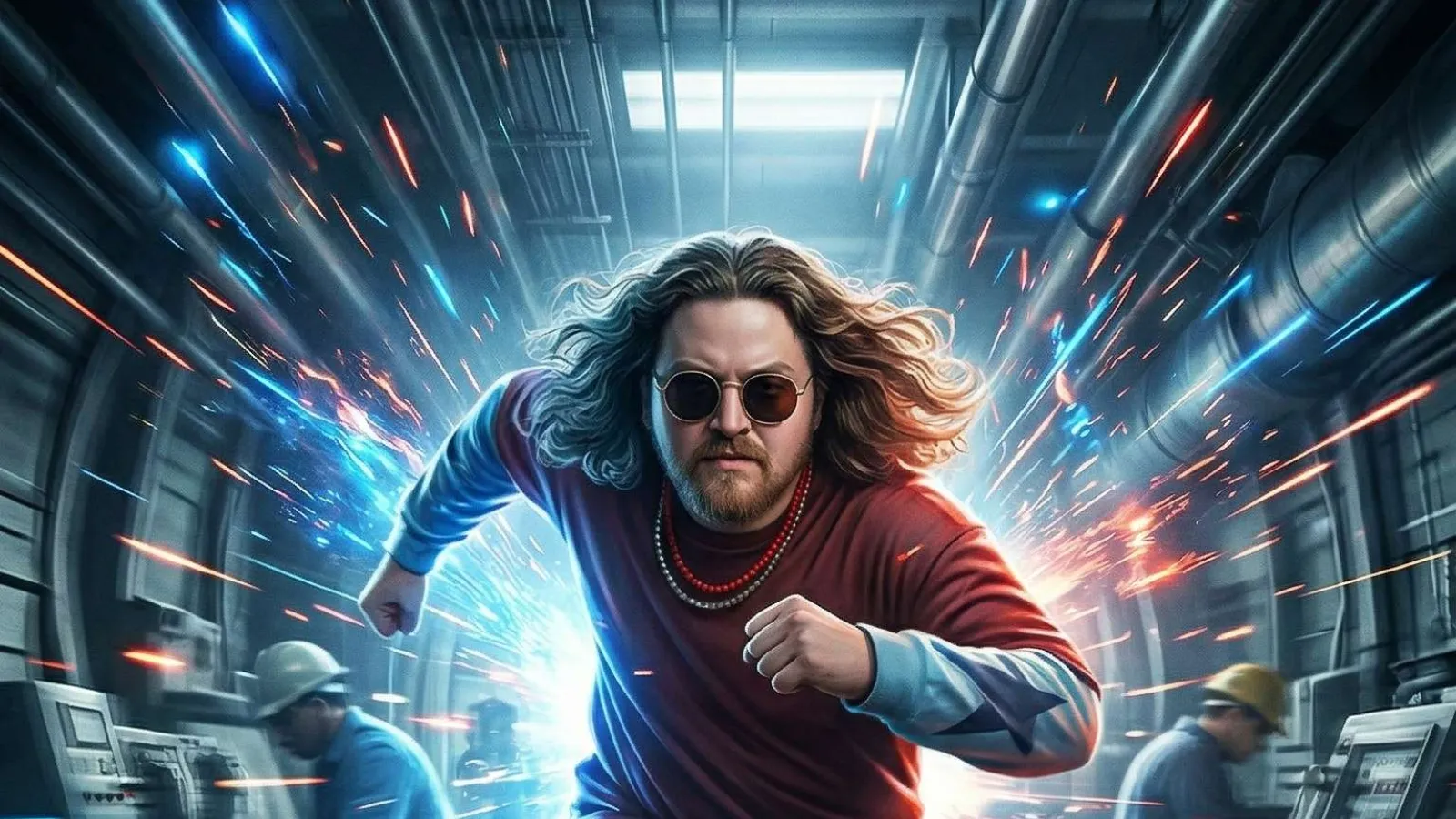 Man with long hair and sunglasses running fast in futuristic industrial corridor with sparks flying around.