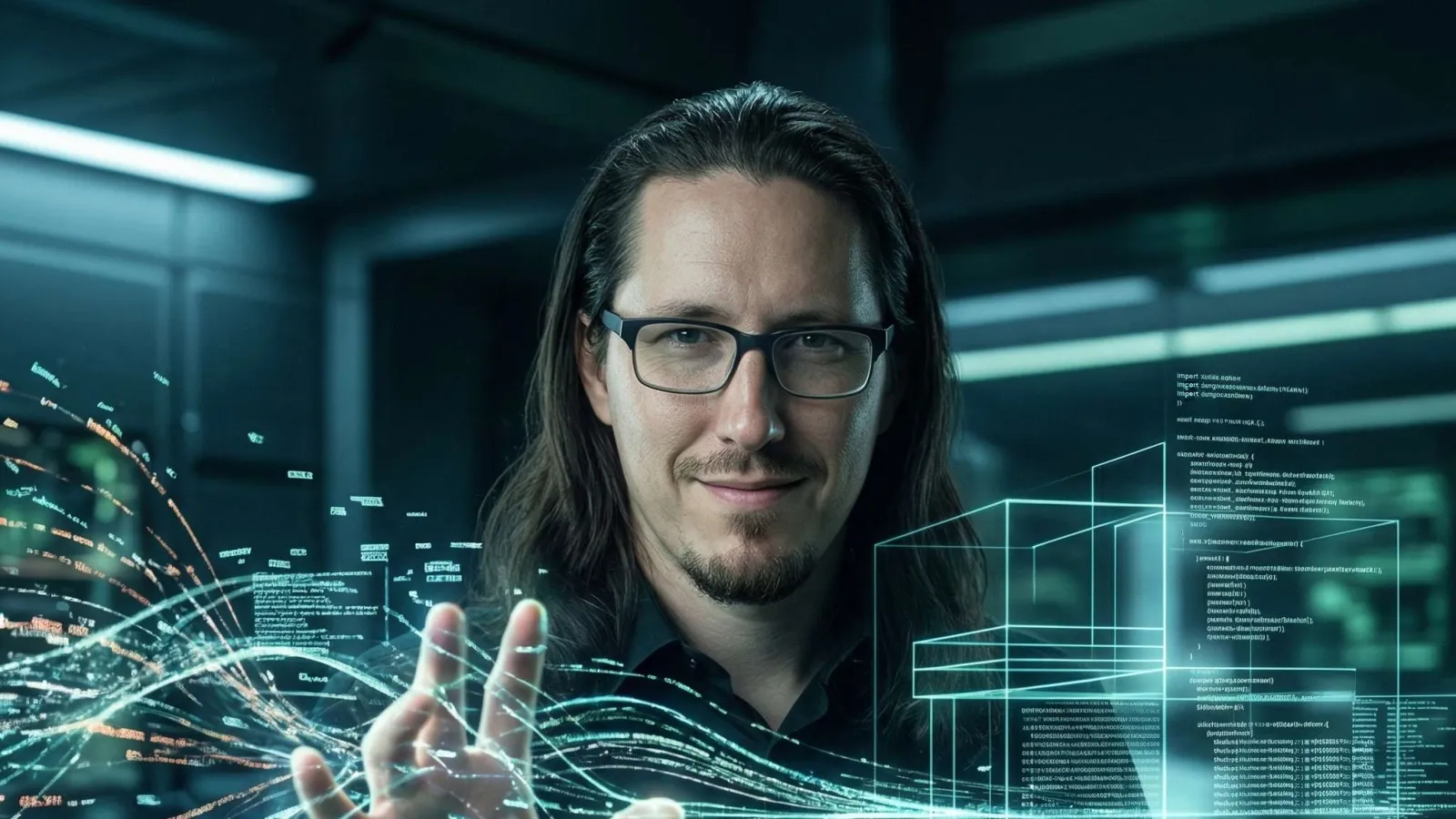 Man with glasses interacting with futuristic digital data streams and holographic code interface in dark room