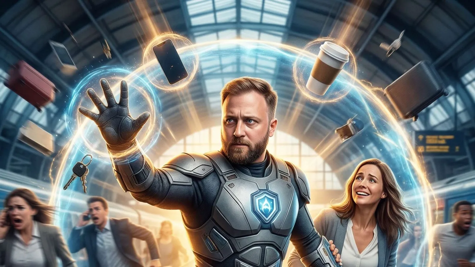 Man in futuristic armor protecting family with energy shield in busy train station with floating objects around.