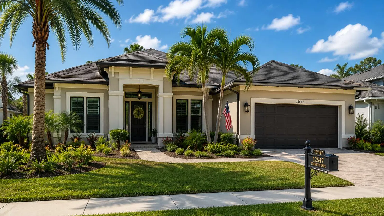 Single-story modern house with palm trees, lush landscaping, and a two-car garage under a blue sky with clouds.