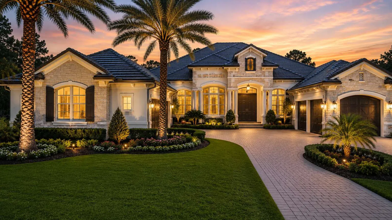 Luxury single-story home with palm trees, manicured lawn, and illuminated driveway at sunset.