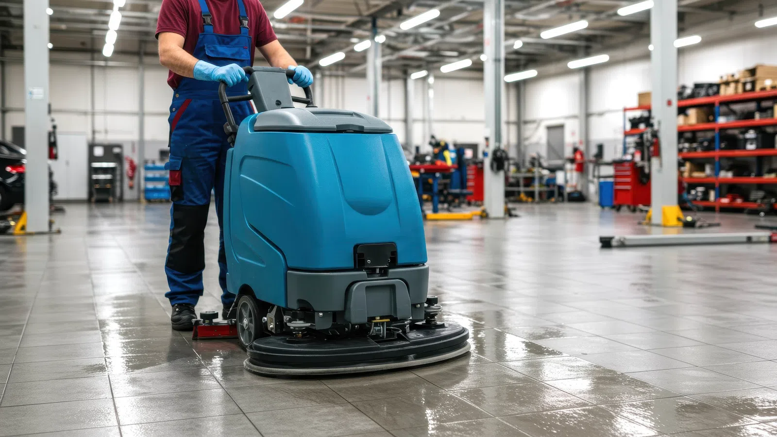 Worker operating blue floor cleaning machine on large tiled industrial workshop floor.